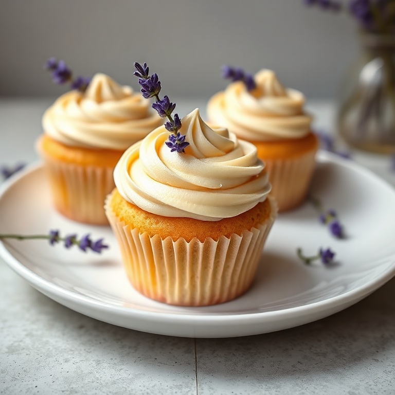 Lavender cupcakes with honey buttercream on a white plate. Garnished with lavender. Warm side lighting shows texture. Close crop. Photorealistic food photography.