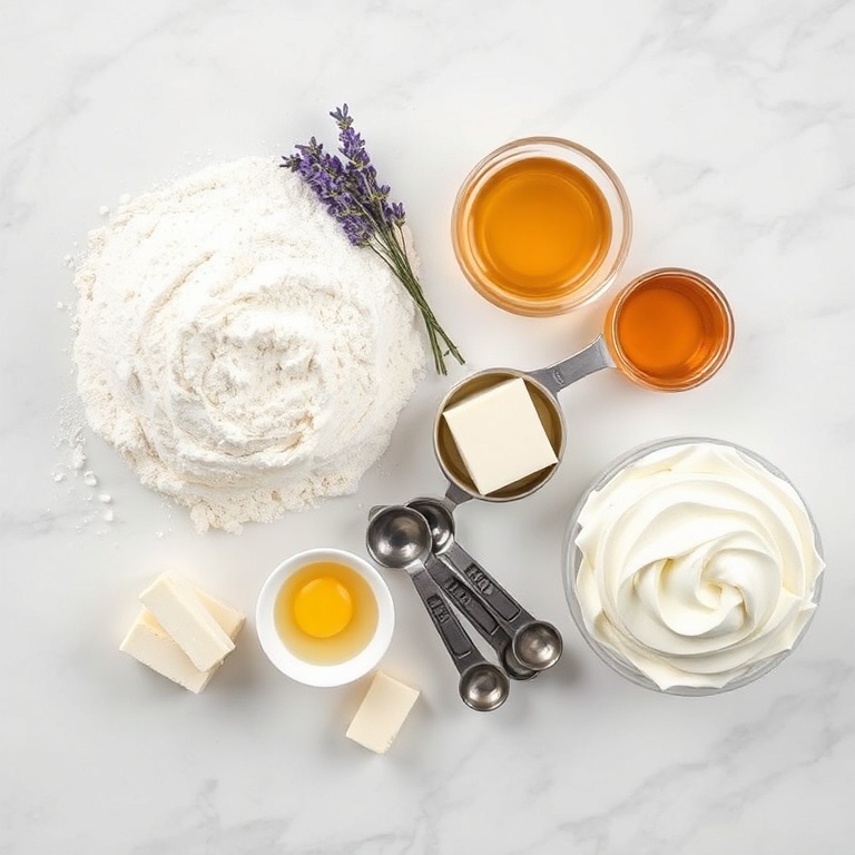 Flour, sugar, lavender, eggs, milk, butter, honey, and buttercream. Measuring spoons on a white marble surface. Bright even light. Overhead flat lay.