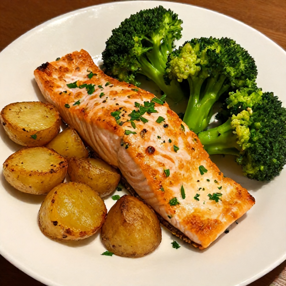 Plated lemon butter salmon with crispy potatoes and broccoli