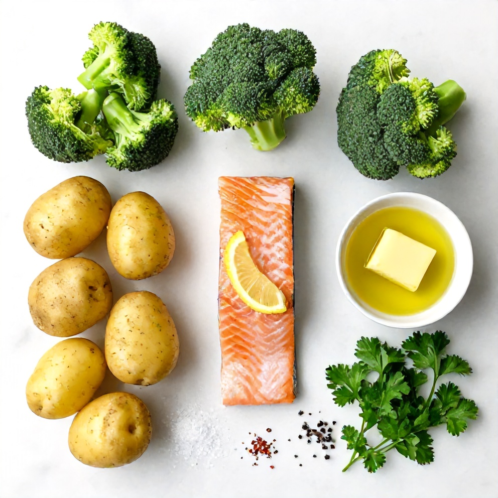 Raw ingredients for lemon butter salmon with potatoes and broccoli