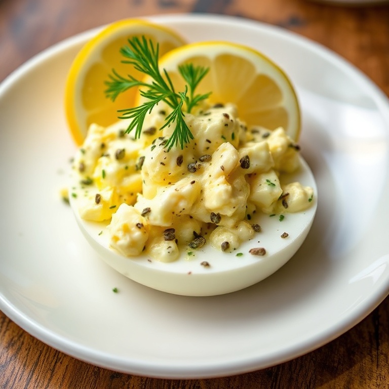 Serving of lemon caper egg salad on a white plate. Topped with fresh dill and lemon wedge. Warm lighting highlights texture. No text or watermark.