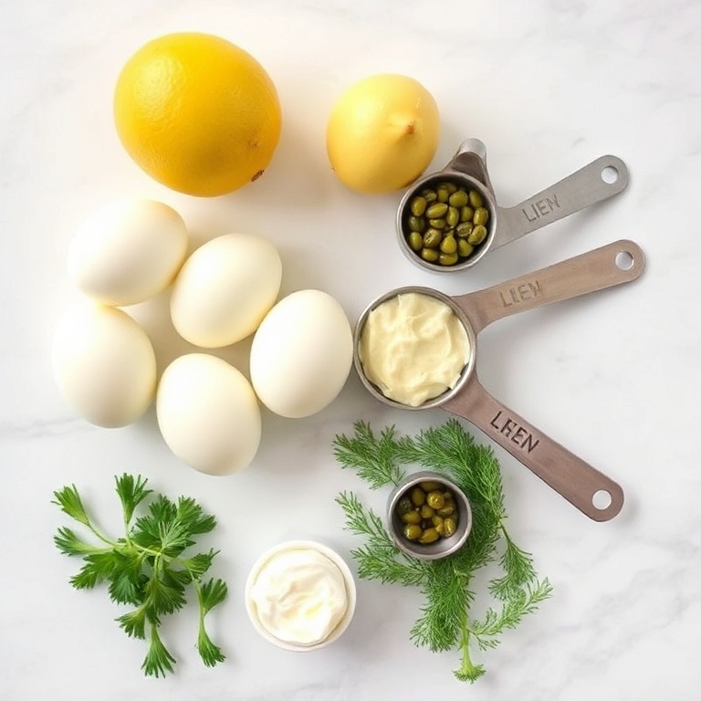 Raw ingredients for lemon caper egg salad: hard-boiled eggs, capers, lemon, mayonnaise, and fresh dill. Measuring cups and spoons on white marble. Bright even light. No text or watermark.