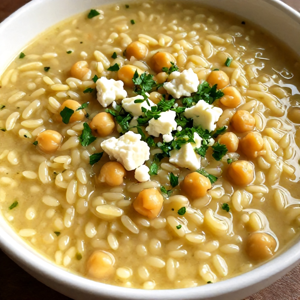 Lemon Chickpea Orzo Soup served in a bowl