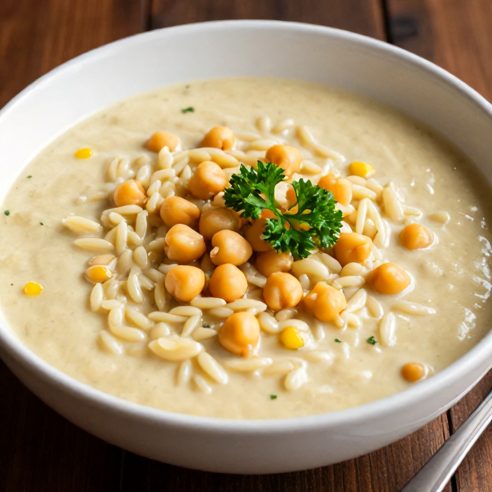 Plated serving of Lemon Chickpea Orzo Soup in a bowl, garnished with fresh parsley, on a dark wooden surface