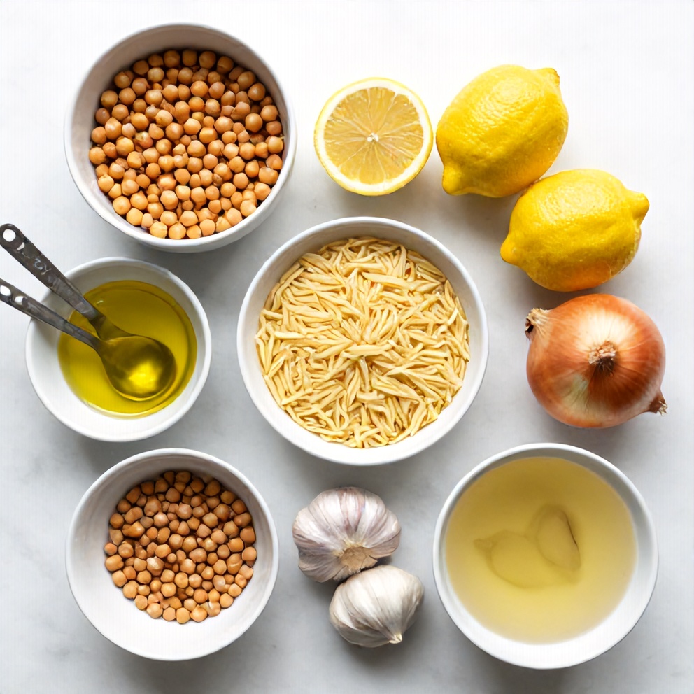 Raw ingredients for Lemon Chickpea Orzo Soup in an overhead flat lay, including chickpeas, orzo, lemon, and garlic