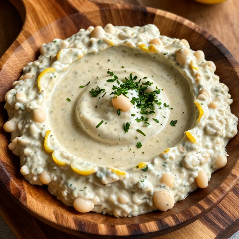 Lemon herb white bean dip served with pita chips on a rustic wooden board