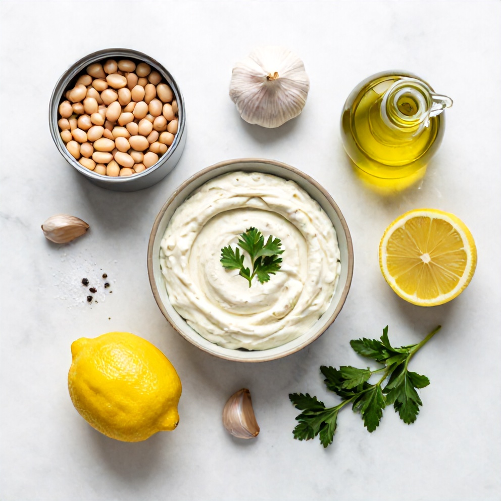 Can of white beans, lemon, garlic, olive oil, salt, pepper, and fresh herbs on a wooden surface