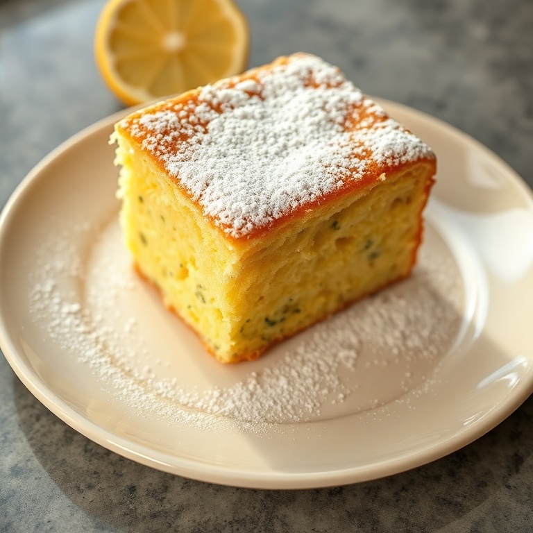 Perfect plated serving of lemon poppy seed cake. Topped with a dusting of powdered sugar. Cream-colored plate. Warm side lighting showing texture. Photorealistic food photography.
