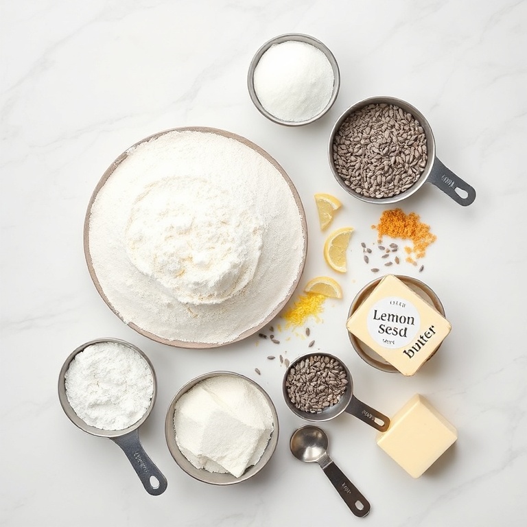 Overhead flat lay of lemon poppy seed cake ingredients. Flour, sugar, lemon zest, poppy seeds, and butter the most visually prominent. Measuring spoons and cups visible. White marble surface. Bright even light. Photorealistic overhead food photography.