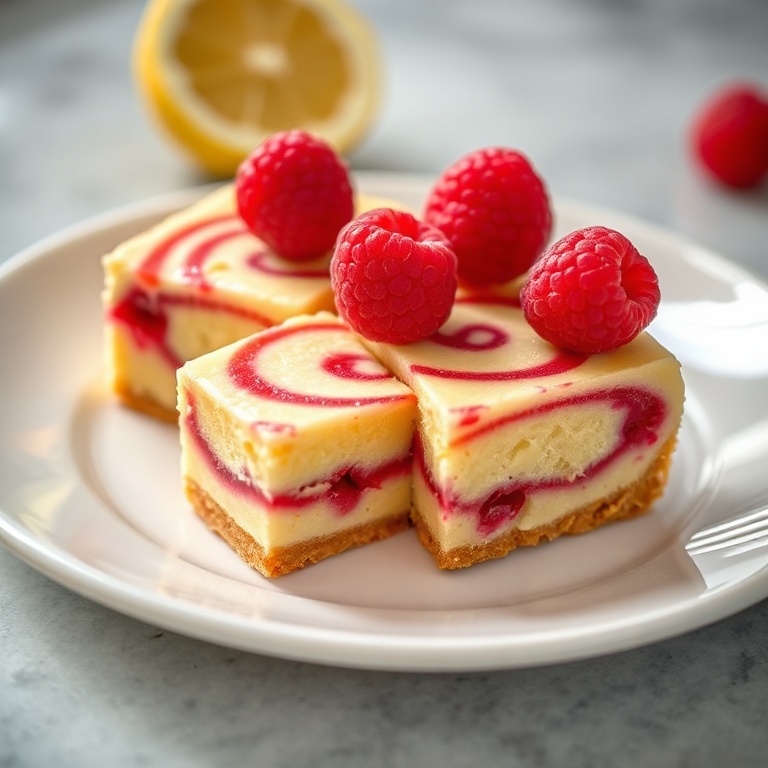 Perfectly sliced lemon raspberry swirl bars on a white plate. Fresh raspberries on top. Warm side lighting. Photorealistic food photography.