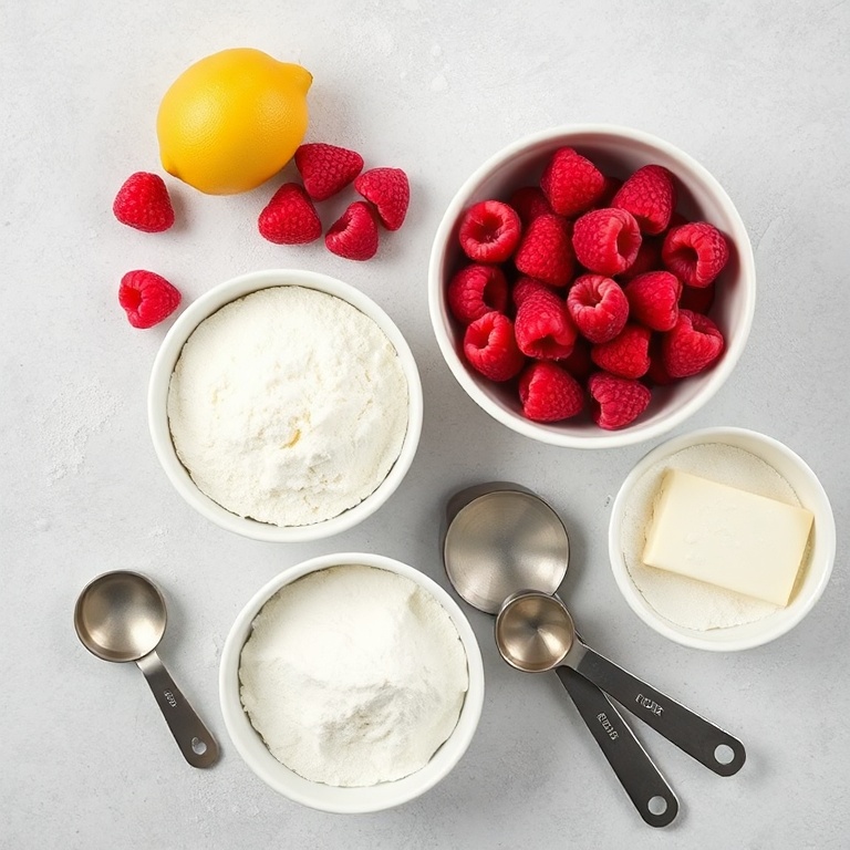 Fresh raspberries, lemon, flour, sugar, butter, and eggs arranged in an overhead flat lay. Measuring spoons and bowls visible. Bright even light. Photorealistic food photography.
