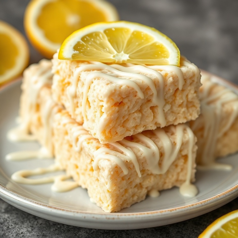 Plated lemon rice krispy treats with white chocolate drizzle. Garnished with a lemon slice. Warm side lighting showing texture.