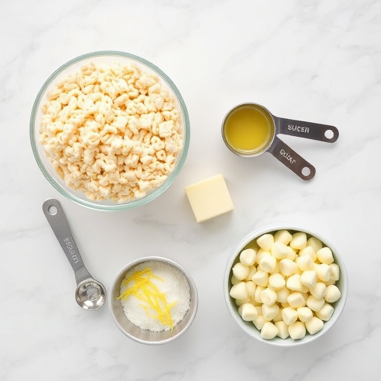 Rice krispies, granulated sugar, melted butter, lemon zest, white chocolate chips. Measuring spoons and bowls on a white marble surface.