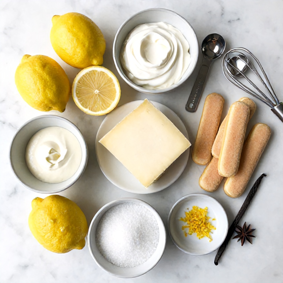 Lemon Tiramisu ingredients on a marble counter