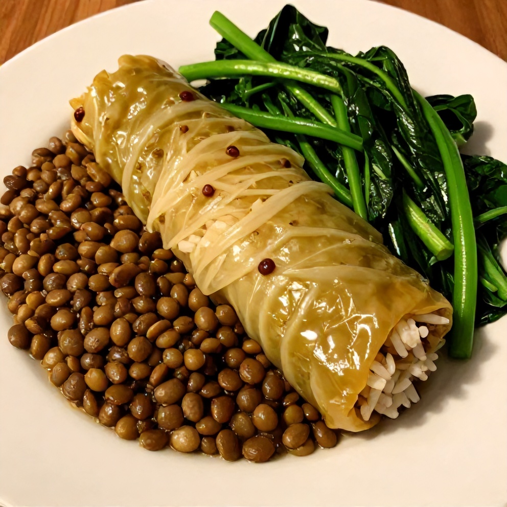 Lentil and Rice Stuffed Cabbage Rolls plated with a side of greens
