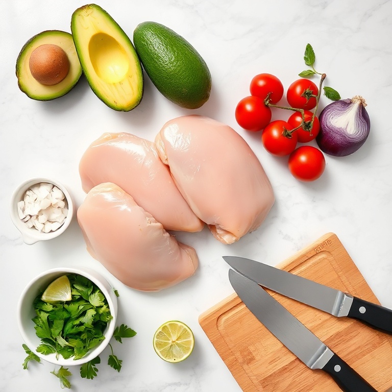 Raw chicken, avocado, lime, onions, tomatoes on marble