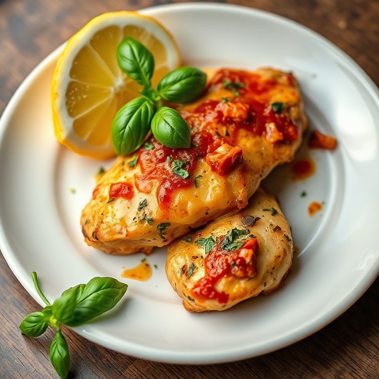Tuscan chicken plated on a white ceramic plate. Fresh basil, lemon wedge, and a drizzle of sauce. Close crop. Warm side lighting.