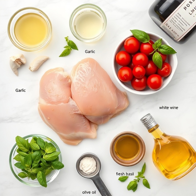 Chicken breast, garlic, cherry tomatoes, white wine, fresh basil, olive oil. Overhead flat lay. Measuring spoons and bowls. Bright light. White marble surface.