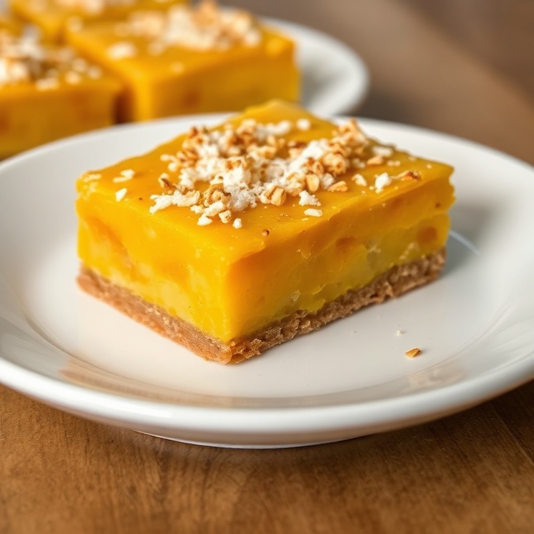 A slice of mango bars with a tangy glaze and a sprinkle of toasted coconut. Served on a white ceramic plate.