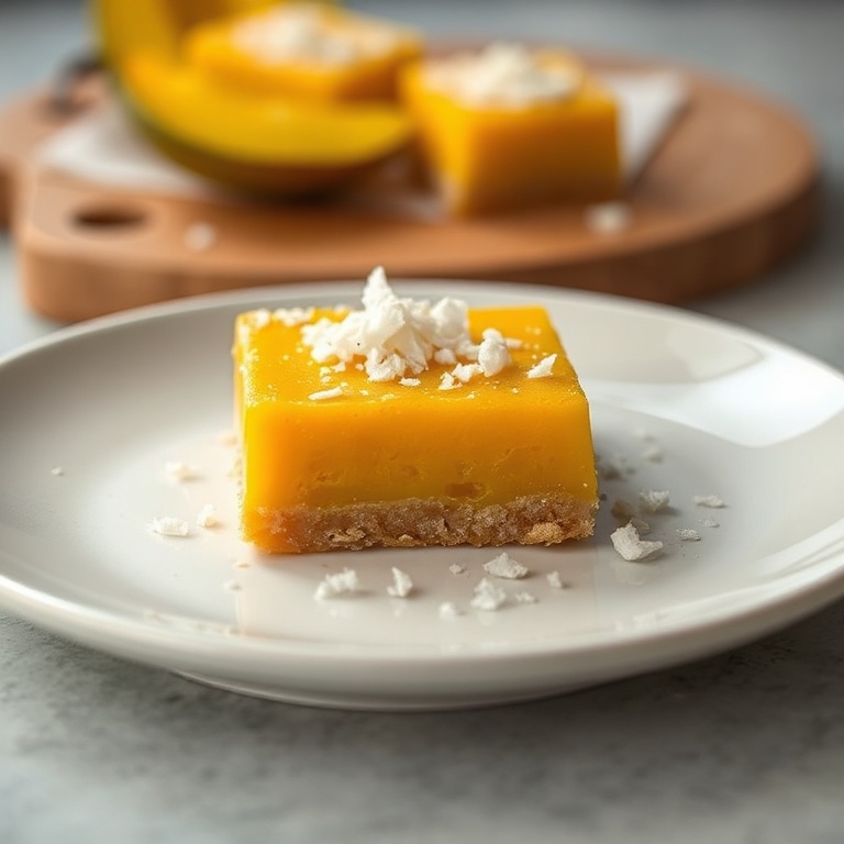 Plated Mango Bars with Coconut Garnish