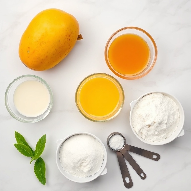Fresh mango, condensed milk, lime juice, flour, and sugar arranged in a flat lay. Measuring cups and spoons nearby.