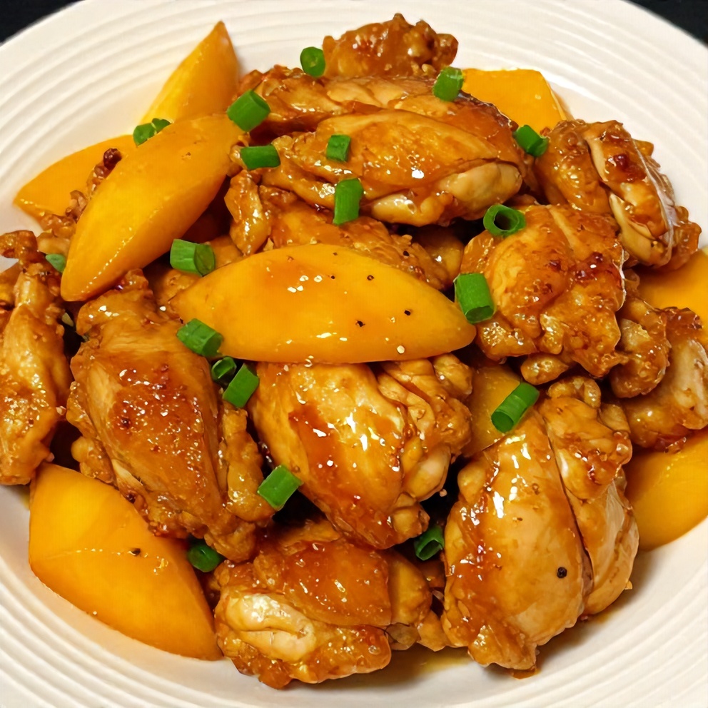 Plated mango glazed chicken with garnish