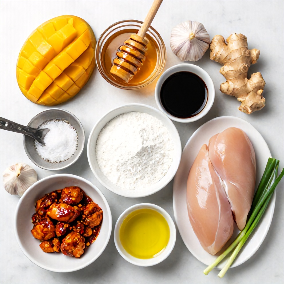 Raw ingredients for mango glazed chicken