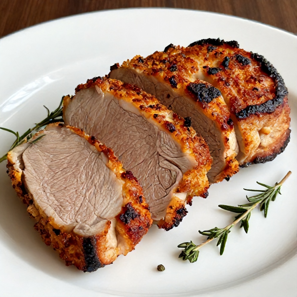 Plated Maple Dijon Pork Tenderloin with fresh herbs