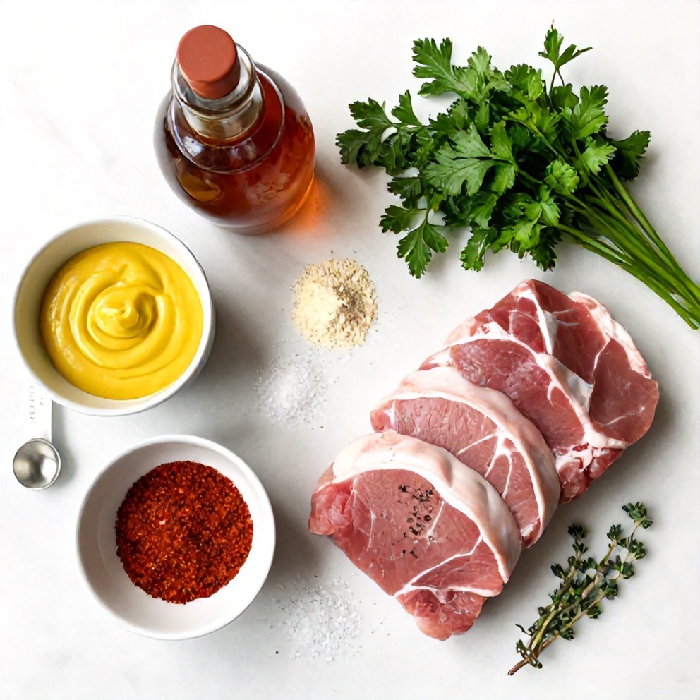 Raw ingredients for Maple Dijon Pork Tenderloin on a marble surface
