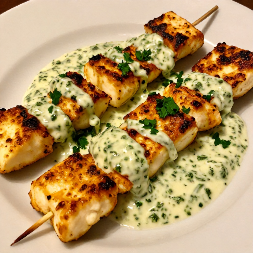 Plated Mediterranean Halloumi Skewers with Creamy Herb Sauce