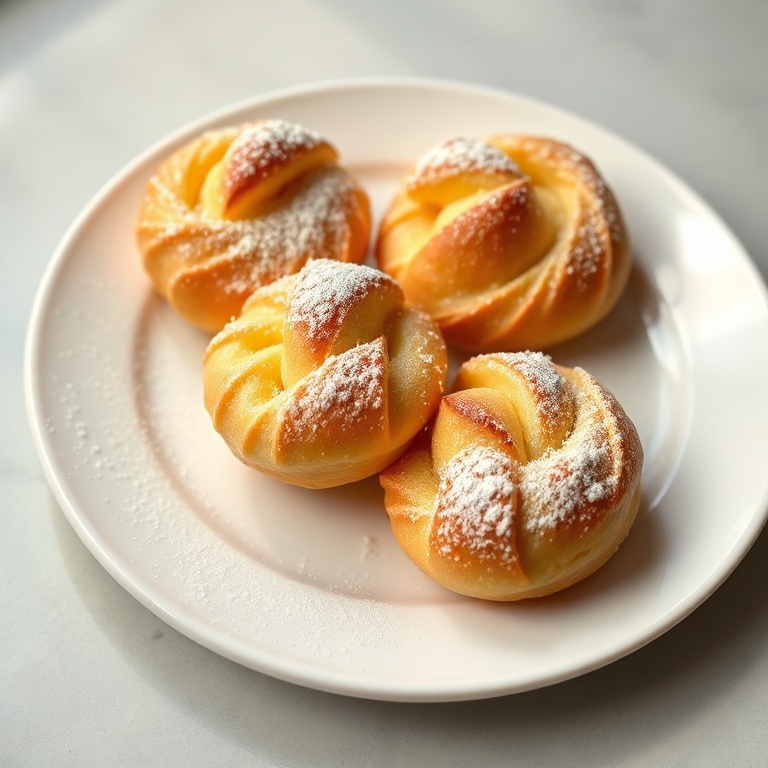 Perfectly baked mini cheese danishes on a white plate with a sprinkle of sugar