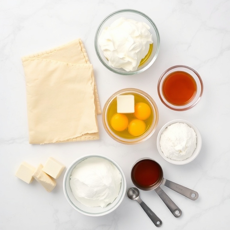 Puff pastry, cream cheese, sugar, eggs, and vanilla extract neatly arranged
