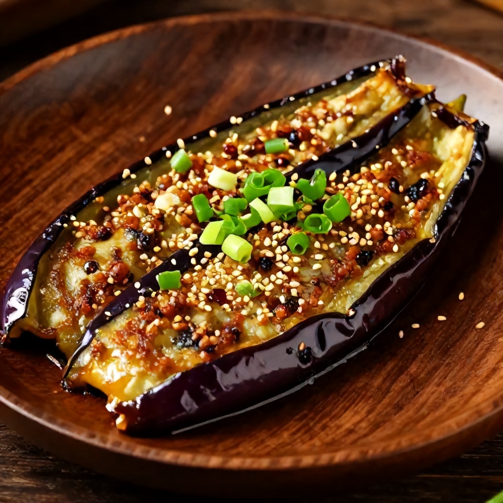 Plated Miso Glazed Eggplant with green onions