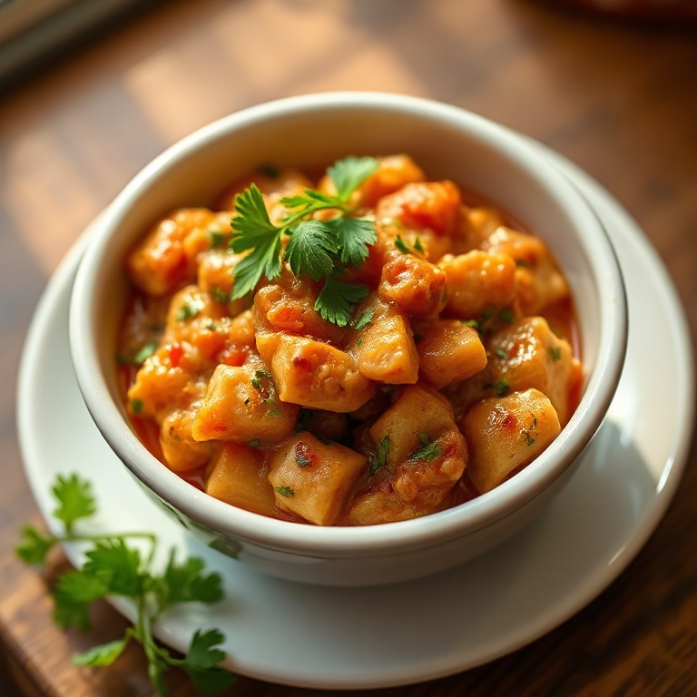 A single serving of zaalouk topped with fresh parsley, served in a white ceramic bowl. Warm side lighting highlights the rich texture and vibrant color.