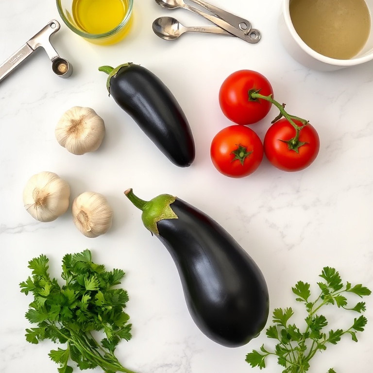 A flat lay of fresh eggplant, garlic, tomatoes, parsley, and olive oil arranged on a white marble surface. Measuring spoons and a bowl are visible in the background.