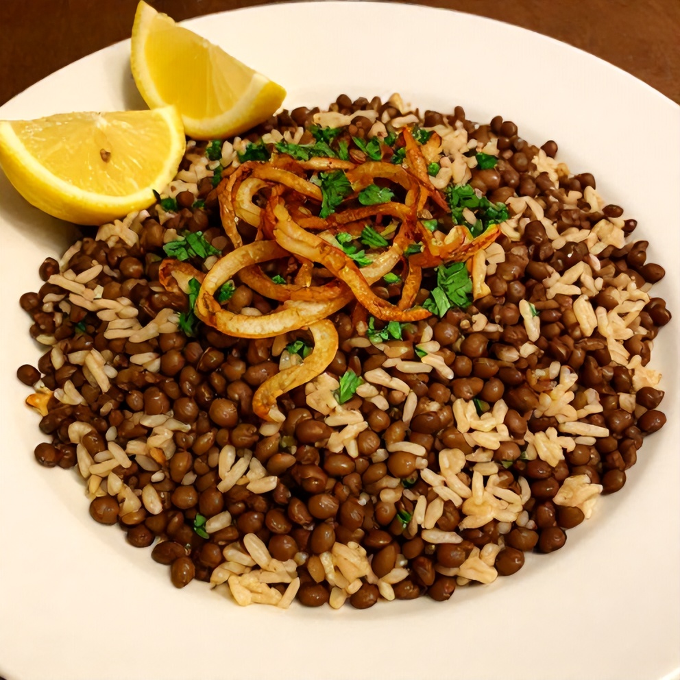 Plated Mujadara Lentils and Rice Vegan Dinner