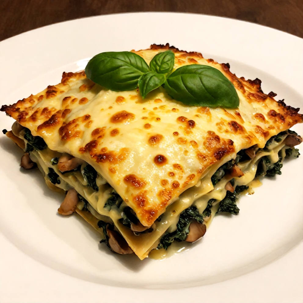 Close crop of the finished Mushroom Spinach Lasagna, showing the crispy cheese top and creamy layers.