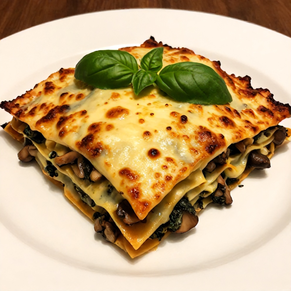 One perfect plated serving of Mushroom Spinach Lasagna on a white plate, garnished with fresh basil.
