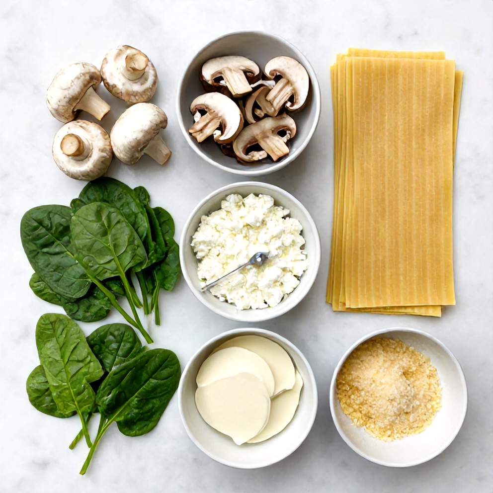 Raw ingredients for Mushroom Spinach Lasagna arranged as an overhead flat lay, including mushrooms, spinach, lasagna noodles, ricotta, and mozzarella.