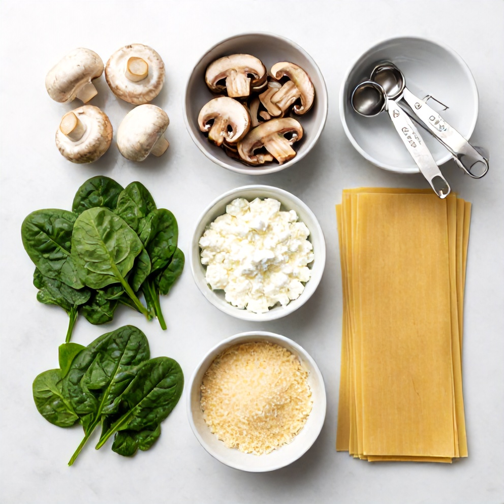 Raw ingredients for Mushroom Spinach Lasagna arranged as an overhead flat lay, including mushrooms, spinach, lasagna noodles, ricotta, and parmesan cheese.