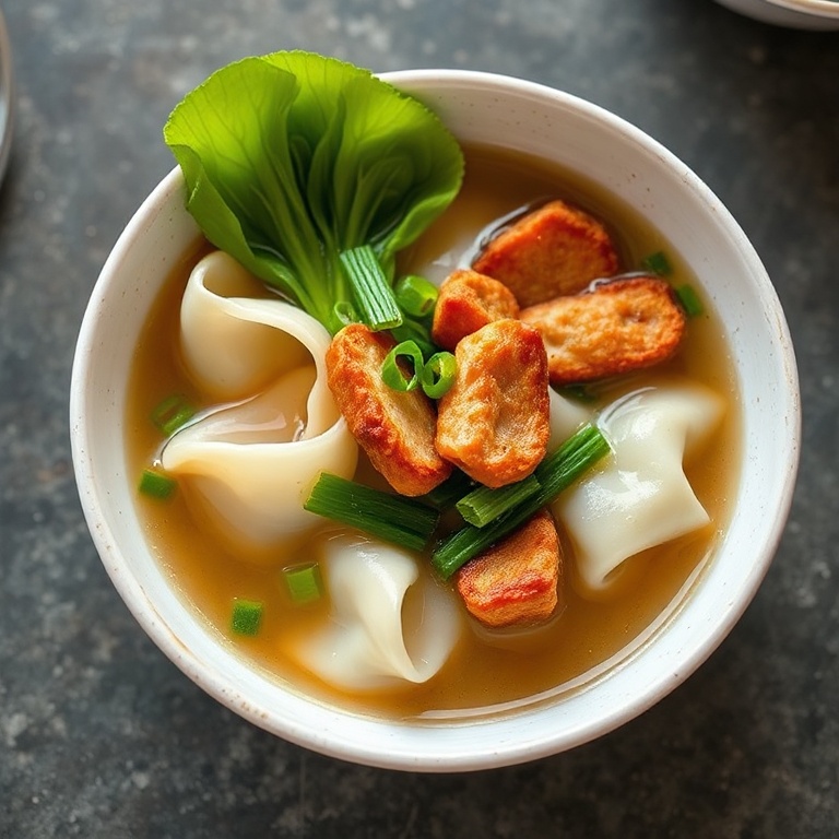 A perfect bowl of naked wonton soup with bok choy and crispy pork. Garnished with green onions.
