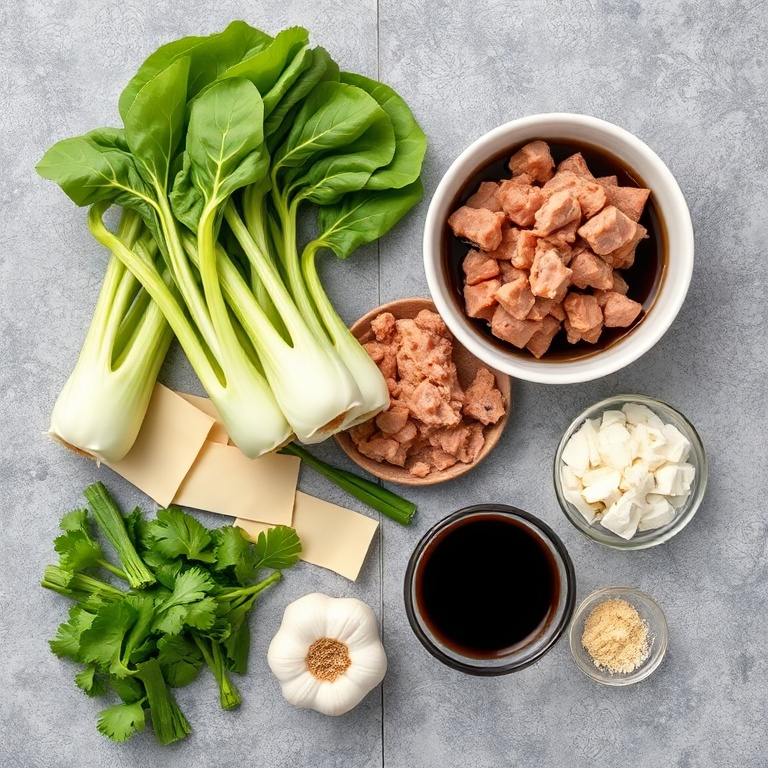 All ingredients for naked wonton soup arranged in an overhead flat lay. Bok choy, ground pork, wonton wrappers, soy sauce, and garlic visible.