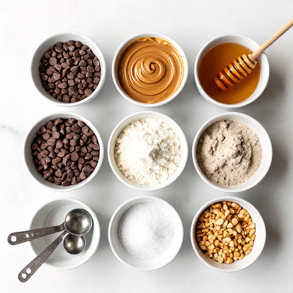 Ingredients for No-Bake Chocolate Peanut Butter Protein Cups laid out on a wooden surface