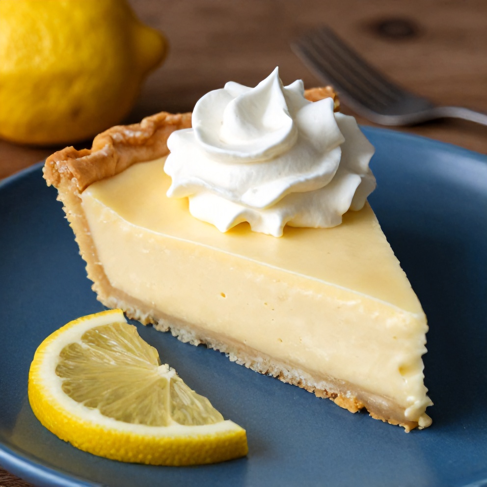 Slice of Easy No Bake Lemon Pie on a blue plate with a dollop of whipped cream