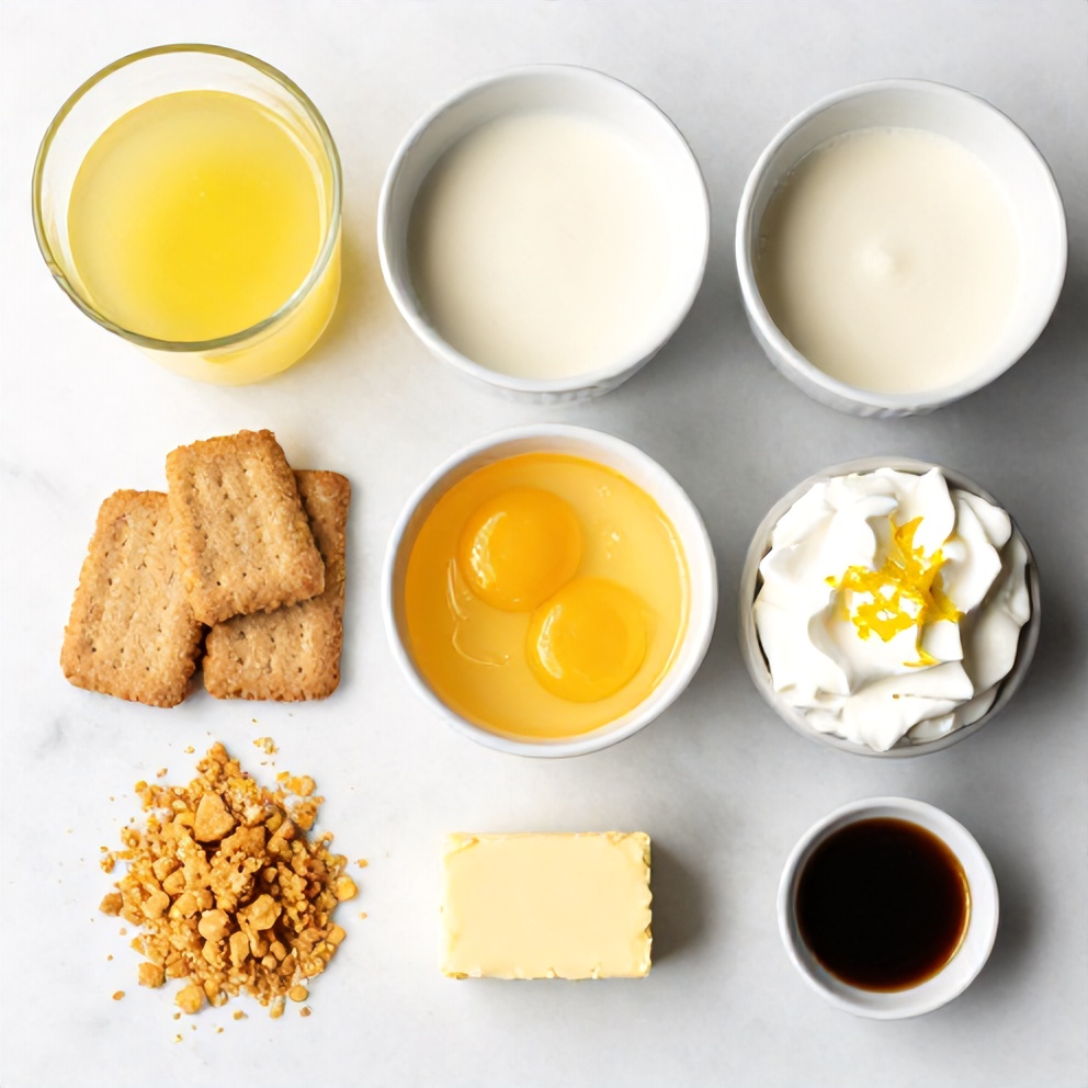 Graham cracker crumbs, lemon filling ingredients, and whipped cream arranged on a marble surface