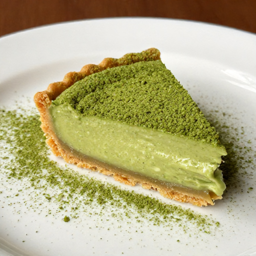 Easy No-Bake Matcha Coconut Cream Tart served on a white plate with a sprinkle of matcha powder