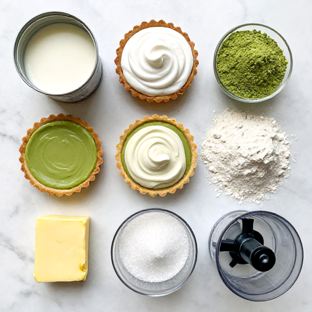 Raw ingredients for Easy No-Bake Matcha Coconut Cream Tart on a white marble surface
