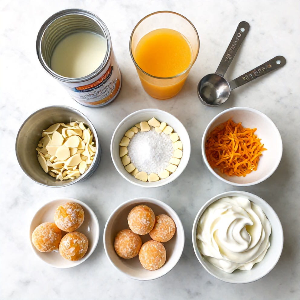 Ingredients for No Bake Orange Creamsicle Truffles on a marble counter