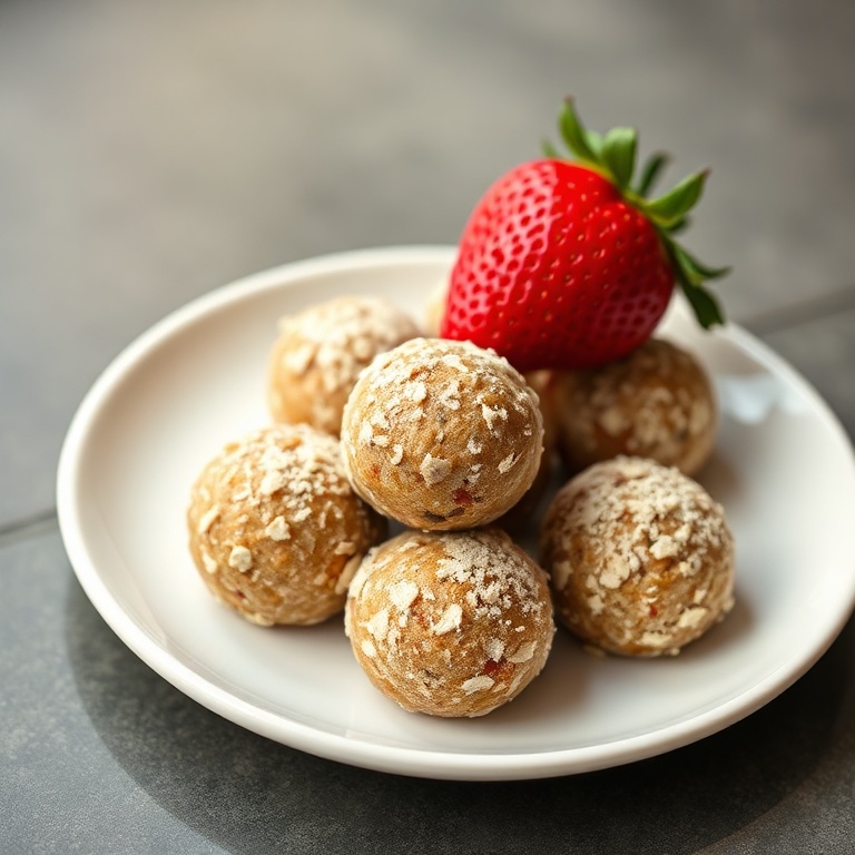 Perfectly shaped no-bake protein strawberry balls on a white plate with a fresh strawberry on top, warm side lighting highlighting texture