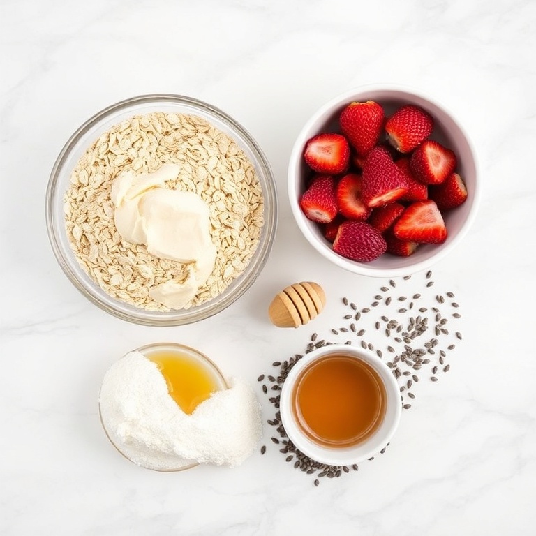 Raw ingredients for no-bake protein strawberry balls: rolled oats, protein powder, freeze-dried strawberries, honey, and chia seeds in a flat lay on white marble surface